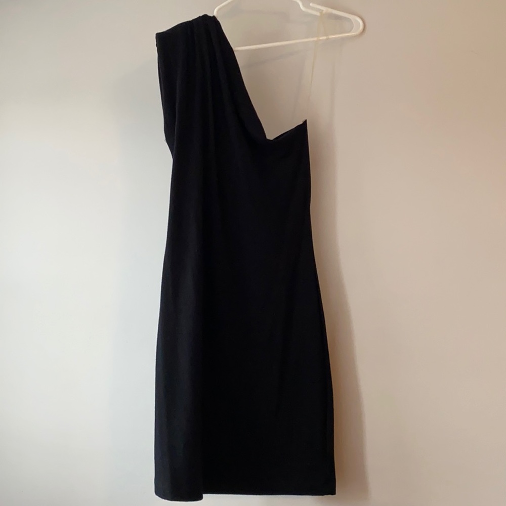 Black aqua L one shoulder stretch dress
